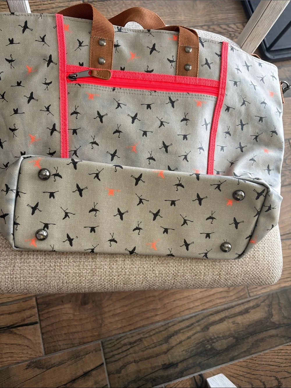 Kavu Tote Bag in Tan with Brown Straps and Coral Accents